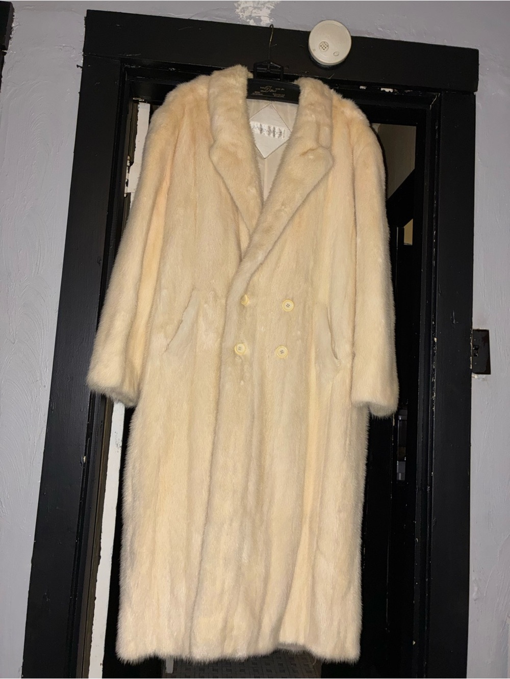 Andrew Marc Cream Double-Breasted Long Fur Coat